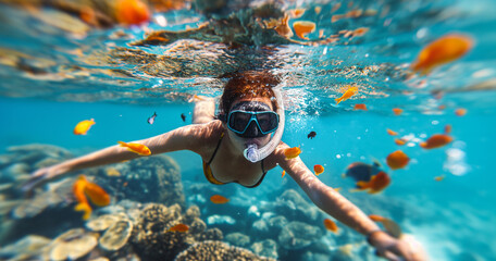 young woman at snorkeling in the tropical water with many colourful fishes summer concept - obrazy, fototapety, plakaty