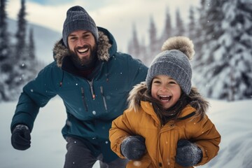 Fototapeta na wymiar father and child share a moment of pure joy, their laughter echoing in the serene, snow covered landscape