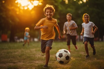 Gleeful children chase a rolling soccer ball in a park, their laughter echoing as the golden hour sun bathes the scene in a warm glow - obrazy, fototapety, plakaty