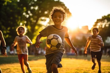 Obraz premium Gleeful children chase a rolling soccer ball in a park, their laughter echoing as the golden hour sun bathes the scene in a warm glow