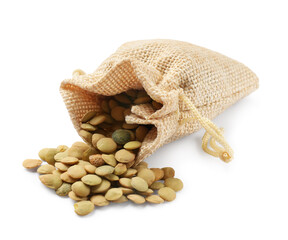 Sack with raw lentils isolated on white