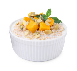 Tasty wheat porridge with pumpkin and mint in bowl isolated on white