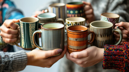 Multiple hands are raised, each holding a different type of coffee cup or coffee pot, showcasing a variety of colors and styles against a neutral background.