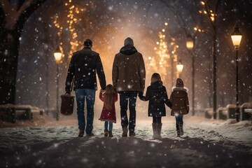 Obraz premium LGBT family embarks on an enchanting walk under the snow dusted trees, their path illuminated by the warm glow of street lamps