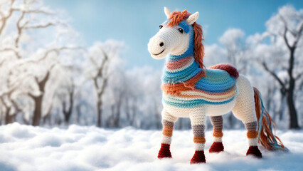 Ein Pferd aus bunter Wolle steht auf einer winterlichen Lichtung