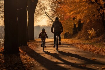 parent and child cycle through a golden hued forest path, basking in the soft sunlight of a tranquil autumn day
