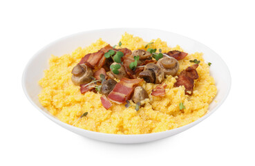 Tasty cornmeal with bacon and mushrooms in bowl isolated on white