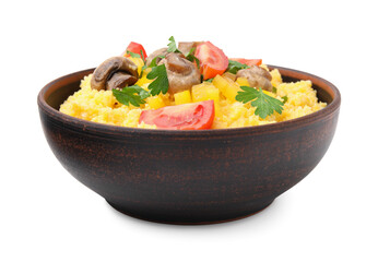 Tasty cornmeal with tomatoes, pepper and mushrooms in bowl isolated on white