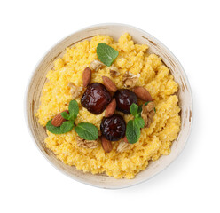 Tasty cornmeal with dates, nuts and mint in bowl isolated on white, top view