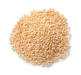 Many raw quinoa seeds isolated on white, top view