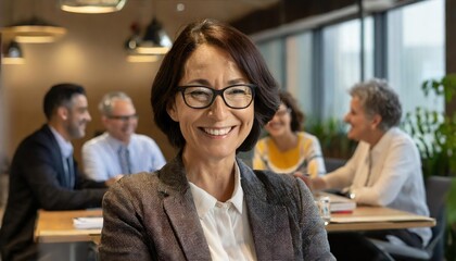  smiling middle-aged woman with glasses in a casual business meeting - obrazy, fototapety, plakaty