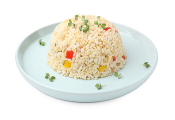 Delicious bulgur with vegetables and microgreens isolated on white