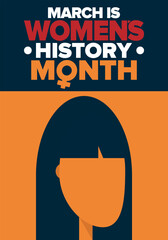 Naklejka premium Women's History Month. Celebrated annual in March, to mark women’s contribution to history. Female symbol. Women's rights. Girl power in world. Poster, postcard, banner. Vector illustration