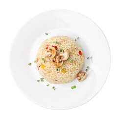 Delicious bulgur with vegetables, mushrooms and microgreens isolated on white, top view