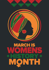 Women's History Month. Celebrated annual in March, to mark women’s contribution to history. Female symbol. Women's rights. Girl power in world. Poster, postcard, banner. Vector illustration