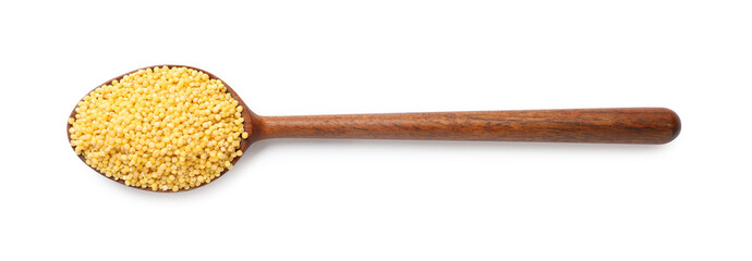 Wooden spoon with millet groats isolated on white, top view