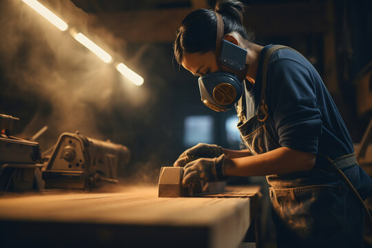 Female carpenter with dust mask sanding wood in a dusty workshop.