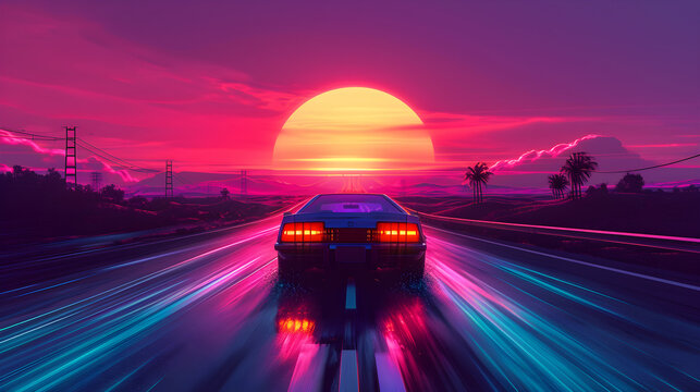 An 80s retro illustration of a car driving with a sunset view, exuding synthwave 80s vibes.