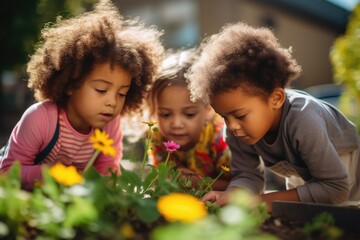 Amidst the golden sunlight of a spring day, three young children crouch inquisitively over a vibrant flower bed, discovering the joys of gardening together - obrazy, fototapety, plakaty