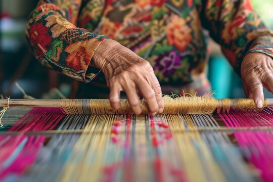 Asian woman weaving fabric on a loom. Close-up of working hands