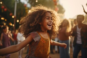 Fototapeta premium young girl with radiant curly hair dances in the soft glow of sunset, her laughter harmonizing with the festive ambiance of the park