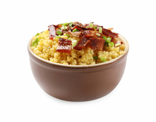 Tasty millet porridge with bacon and green onion in bowl isolated on white