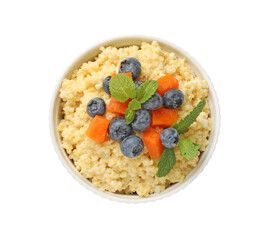 Tasty millet porridge with blueberries, pumpkin and mint in bowl isolated on white, top view
