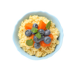 Tasty millet porridge with blueberries, pumpkin and mint in bowl isolated on white, top view