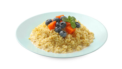 Plate with tasty millet porridge, blueberries, pumpkin and mint isolated on white
