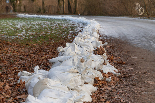 stack of filled sandbags to protect buildings from floodwater