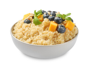 Tasty quinoa porridge with blueberries, pumpkin and mint in bowl isolated on white
