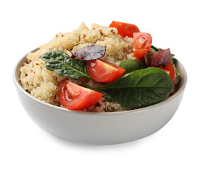 Tasty quinoa porridge with tomatoes and spinach in bowl isolated on white