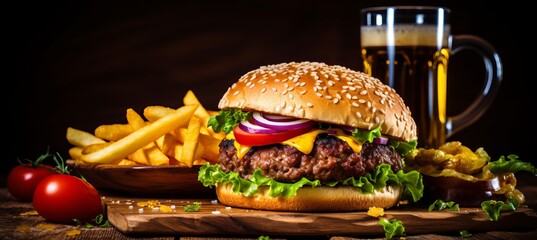 Delicious burger with fresh, crispy salad and a cold beer, served on a bright background