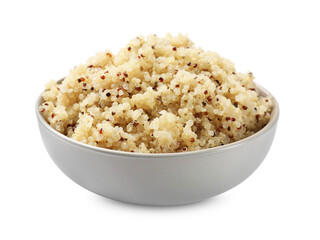 Tasty quinoa porridge in bowl isolated on white