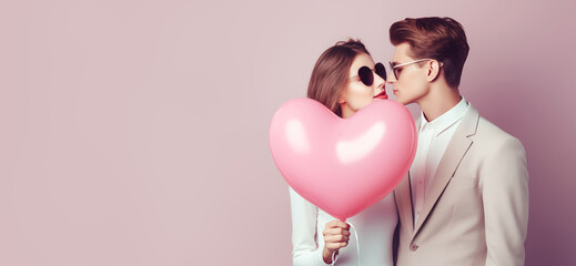 Stylish Couple Kissing Behind Pink Balloon on pink banner