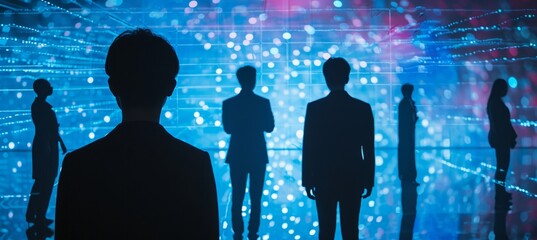 business team silhouette with blue computer background Generative Ai