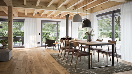 luxury cozy apartment interior living room with skandinavian elements and kitchen with  parquet floor and ceiling with beams of coniferous wood and big windows