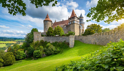 Fototapeta na wymiar Historic castle on a hill, surrounded by lush greenery and a medieval stone wall