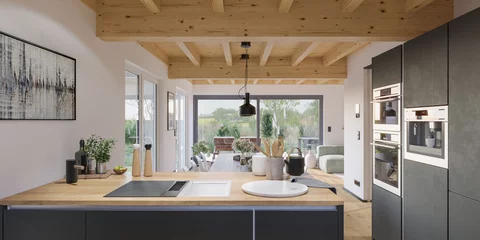 Foto op Plexiglas luxury cozy apartment interior living room with skandinavian elements and kitchen with  parquet floor and ceiling with beams of coniferous wood and big windows © Christian Hillebrand