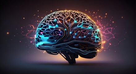 Futuristic glowing low polygonal brain as connected lines, stars isolated on dark blue background.