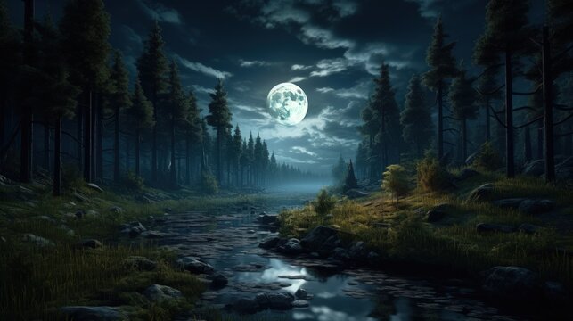 Painting of a path through a dark forest with a full moon in the sky above the trees.