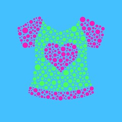 T-shirt with a heart made of small pink and green circles on blue background