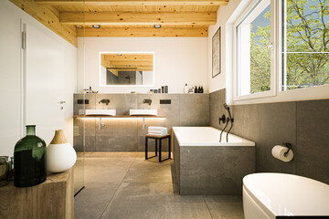 fine wood and tiles bathroom in attached family home with luxury furnishings and parts