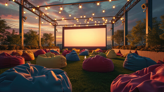 Outdoor cinema setup with a large movie screen and multiple colorful bean bags on a grassy area, under a sky with twilight hues and strings of lights.