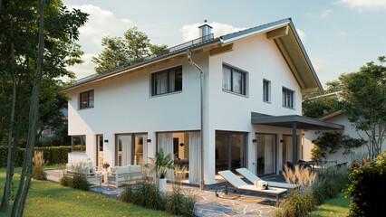 Fototapeta na wymiar nice new build attached family house with garden and big windows with trees and bushes in europe