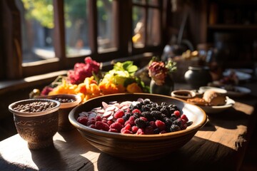 Acai in the bowl with fresh granola and fruits in a kiosk in the Amazon rainforest., generative IA