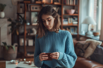 A young woman in a blue sweater sadly holding a wallet