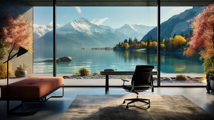 Fototapeta premium Scenic mountains home office computer desk room background for online presentations and virtual meetings on a lake water mountain scene