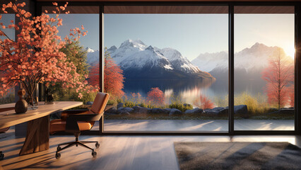 Mountains interior home office computer desk room background or backdrop for online presentations and virtual teams meetings in a lake water mountain scene with expansive window view for video calls