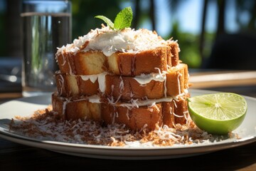 Tapioca cake with grated coconut in a breakfast by the beach in Maceió., generative IA